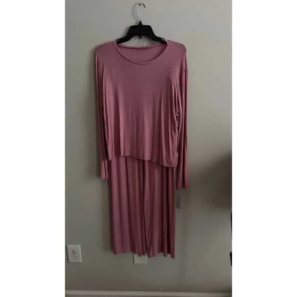 Natori Edit Skye Rib 2-Piece Lounge Set Tea Pink Top & Pants Size M Soft $68+78